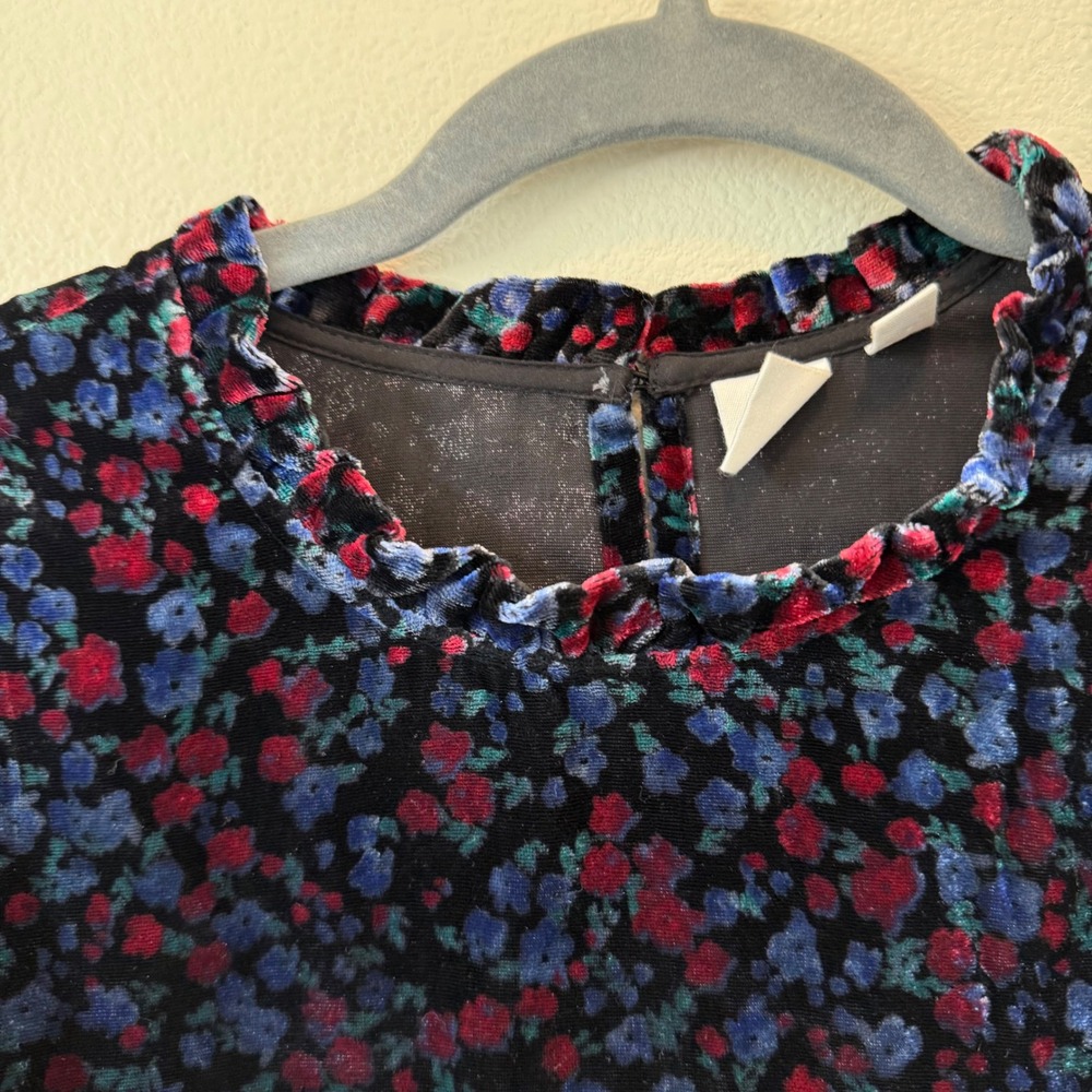 Gap Womens Floral‎ Velvet Puff Sleeve Mock Neck Ruffle Blouse Blue Red Black M - Picture 6 of 13
